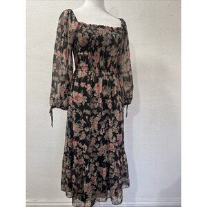 LC Lauren Conrad smocked off shoulder midi dress black floral boho size small
